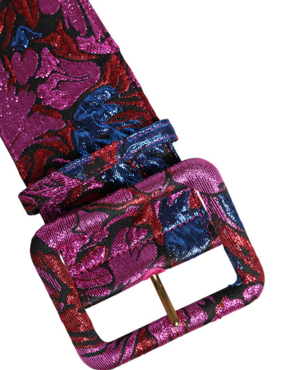 Multicolor Floral Jacquard Lurex Wide Waist Buckle Belt