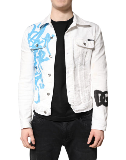 White Graffiti Cotton Stretch Denim Jacket