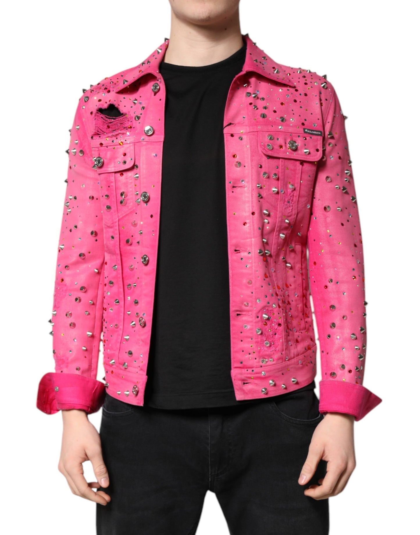 Pink Crystal Embellished Cotton Denim Jacket