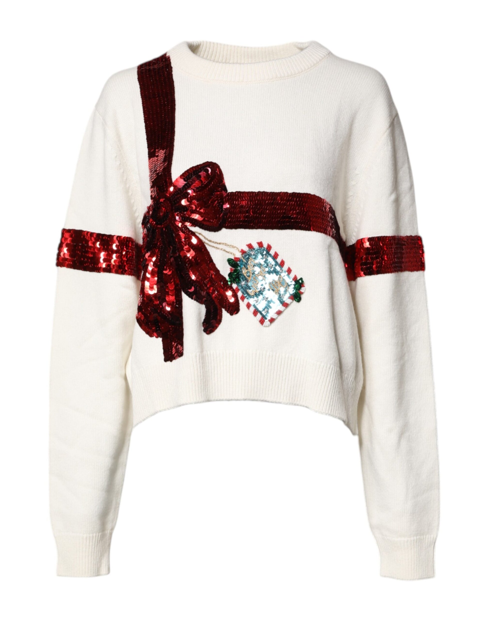 White Sequined Crew Neck Pullover Sweater