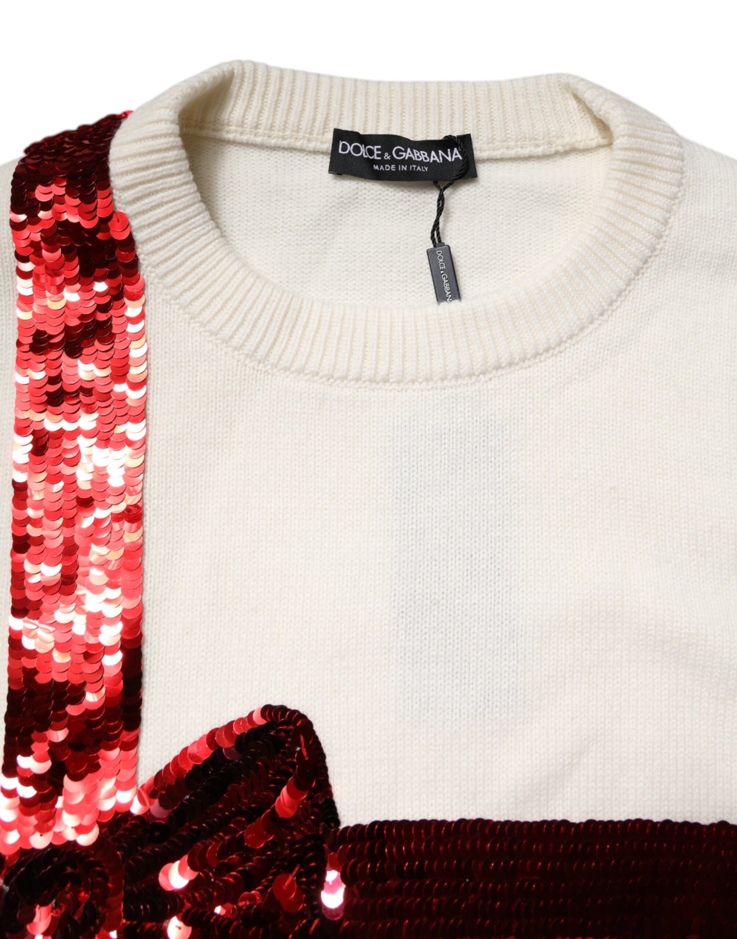 White Sequined Crew Neck Pullover Sweater