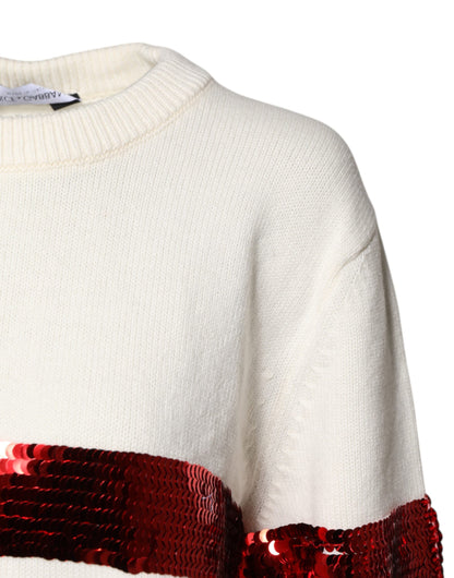 White Sequined Crew Neck Pullover Sweater