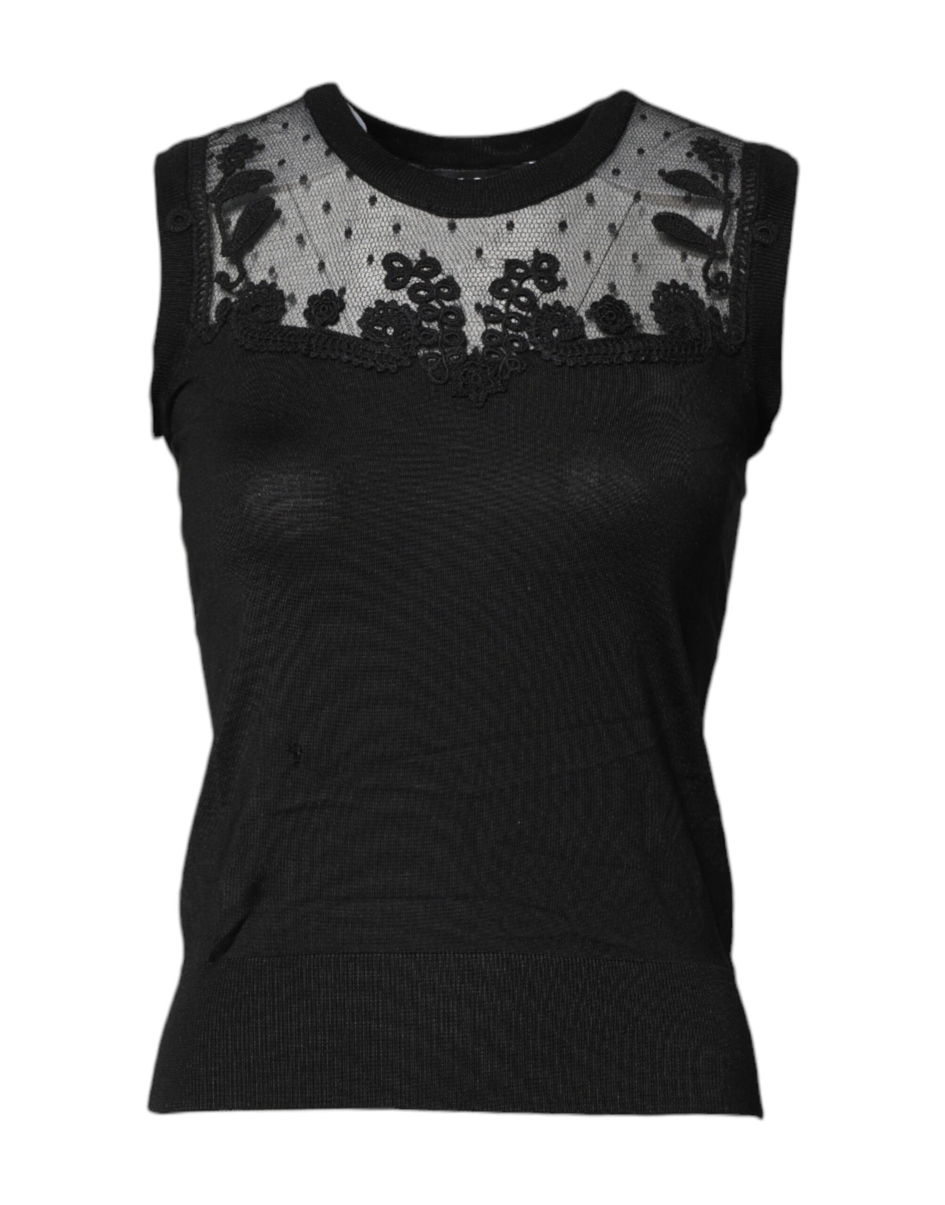 Black Lace Sheer Crew Neck Sleeveless Top