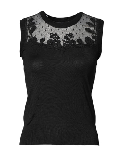 Black Lace Sheer Crew Neck Sleeveless Top