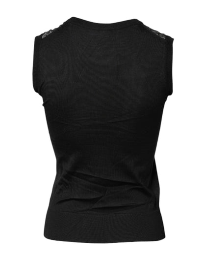 Black Lace Sheer Crew Neck Sleeveless Top