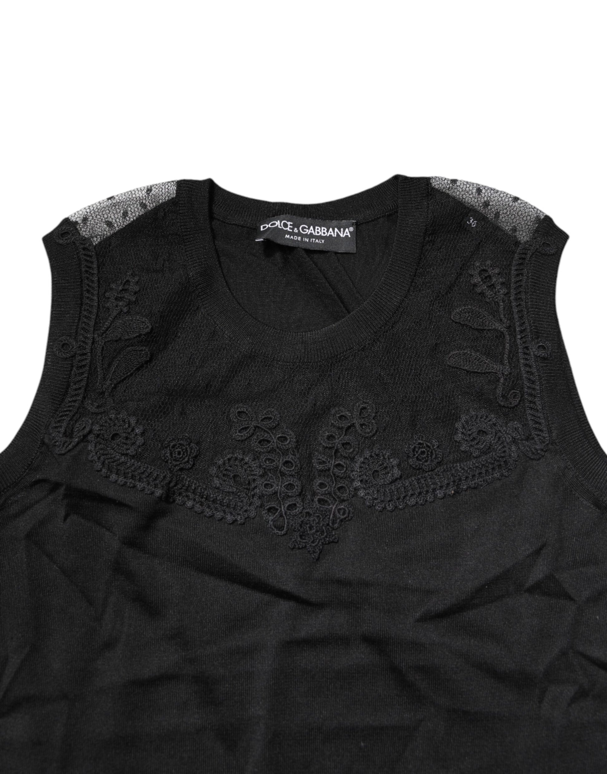 Black Lace Sheer Crew Neck Sleeveless Top
