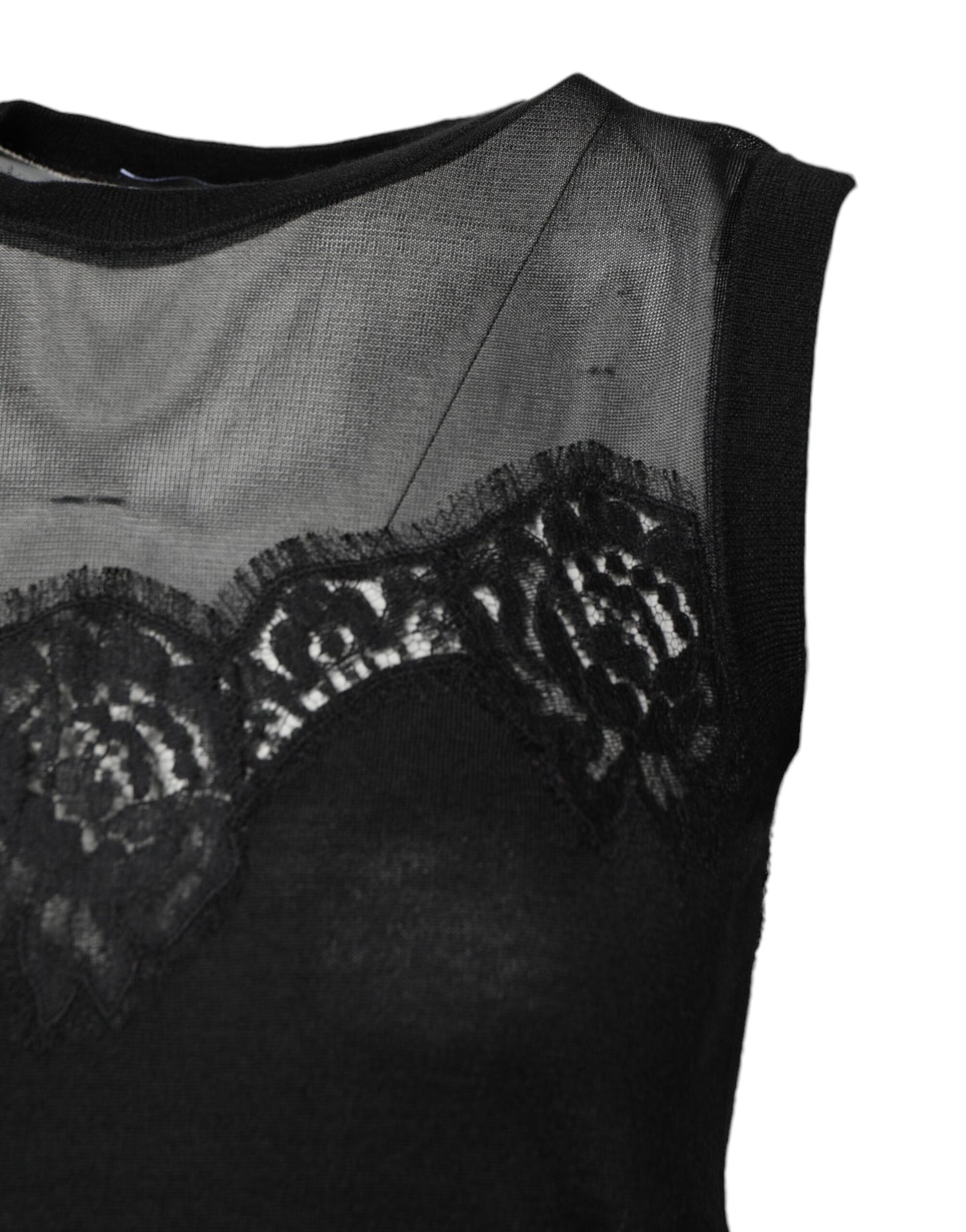 Black Lace Sheer Crew Neck Sleeveless Top