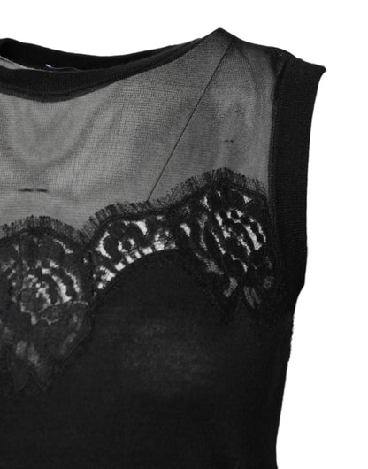 Black Lace Sheer Crew Neck Sleeveless Top