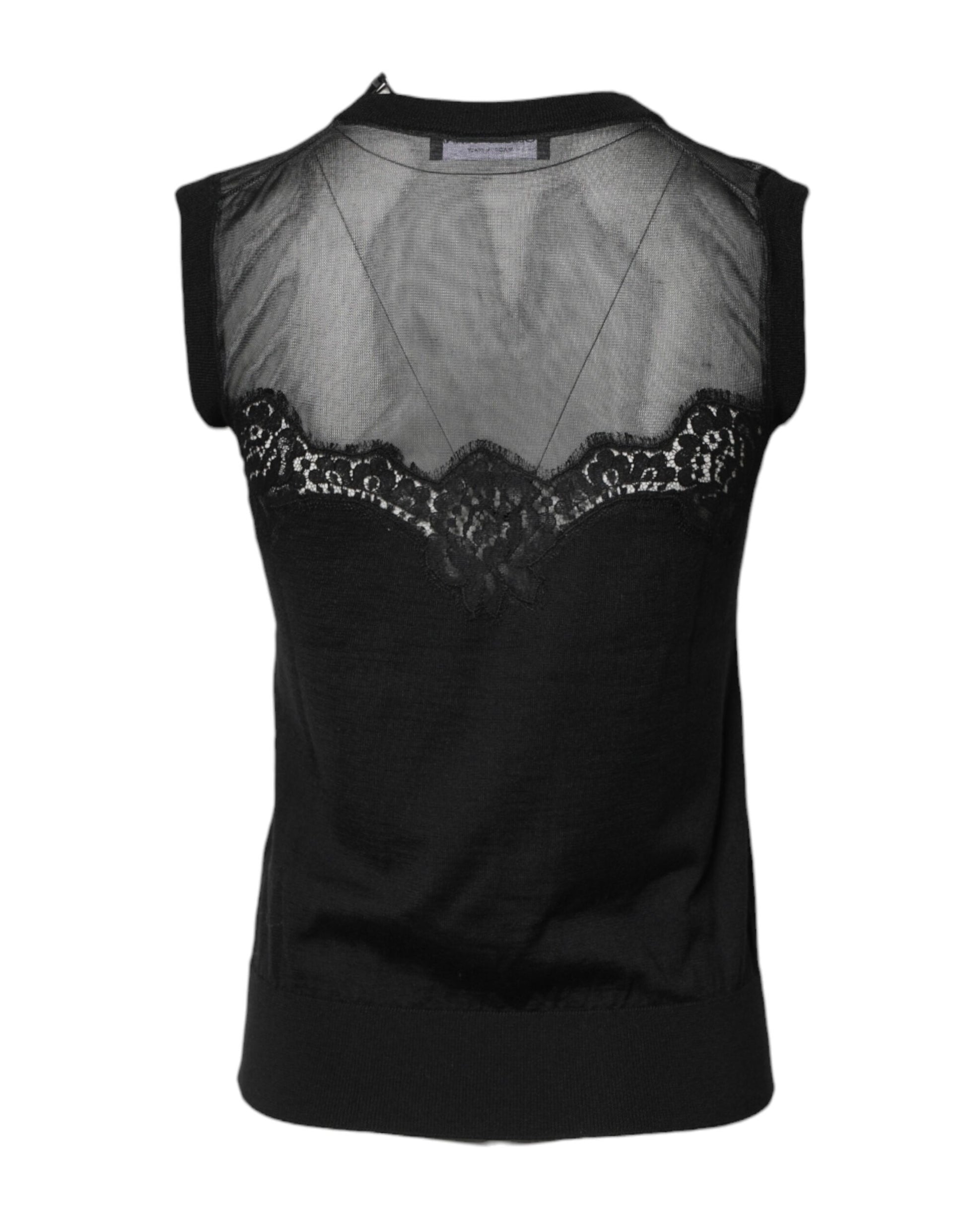 Black Lace Sheer Crew Neck Sleeveless Top