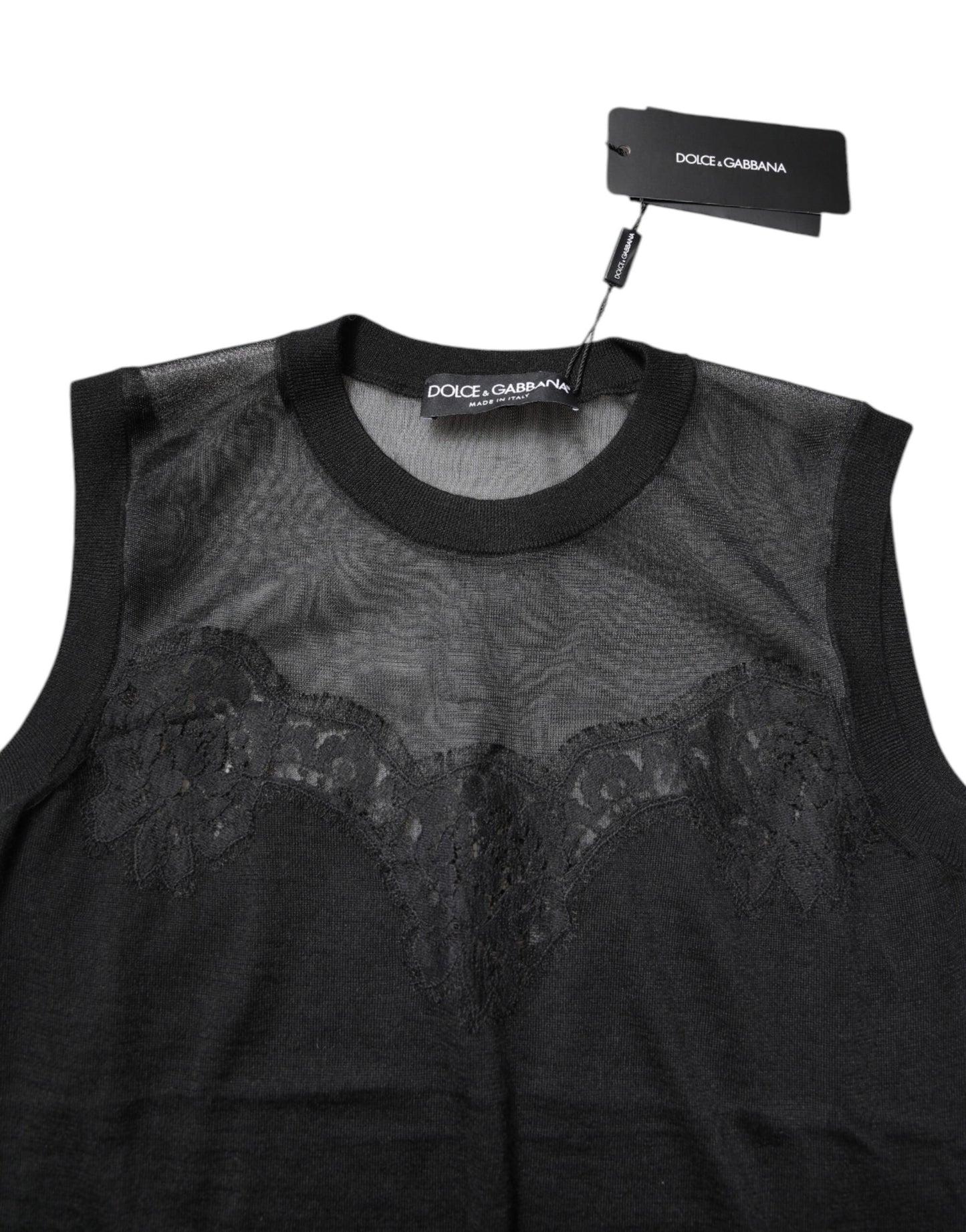 Black Lace Sheer Crew Neck Sleeveless Top