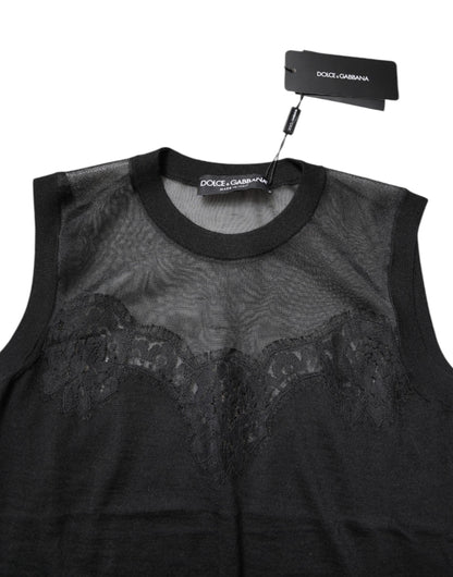Black Lace Sheer Crew Neck Sleeveless Top