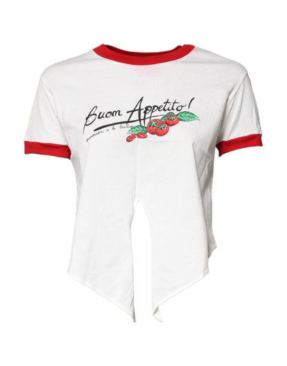 White Printed Round Neck Cropped Top T-shirt