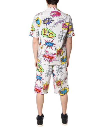 White Cartoon Print Cotton Men Pajama Set Sleepwear