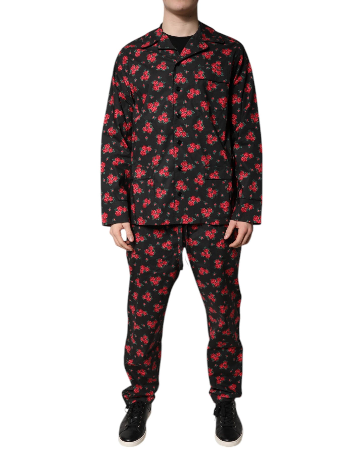 Black Floral Print Cotton Men Pajama Set Sleepwear