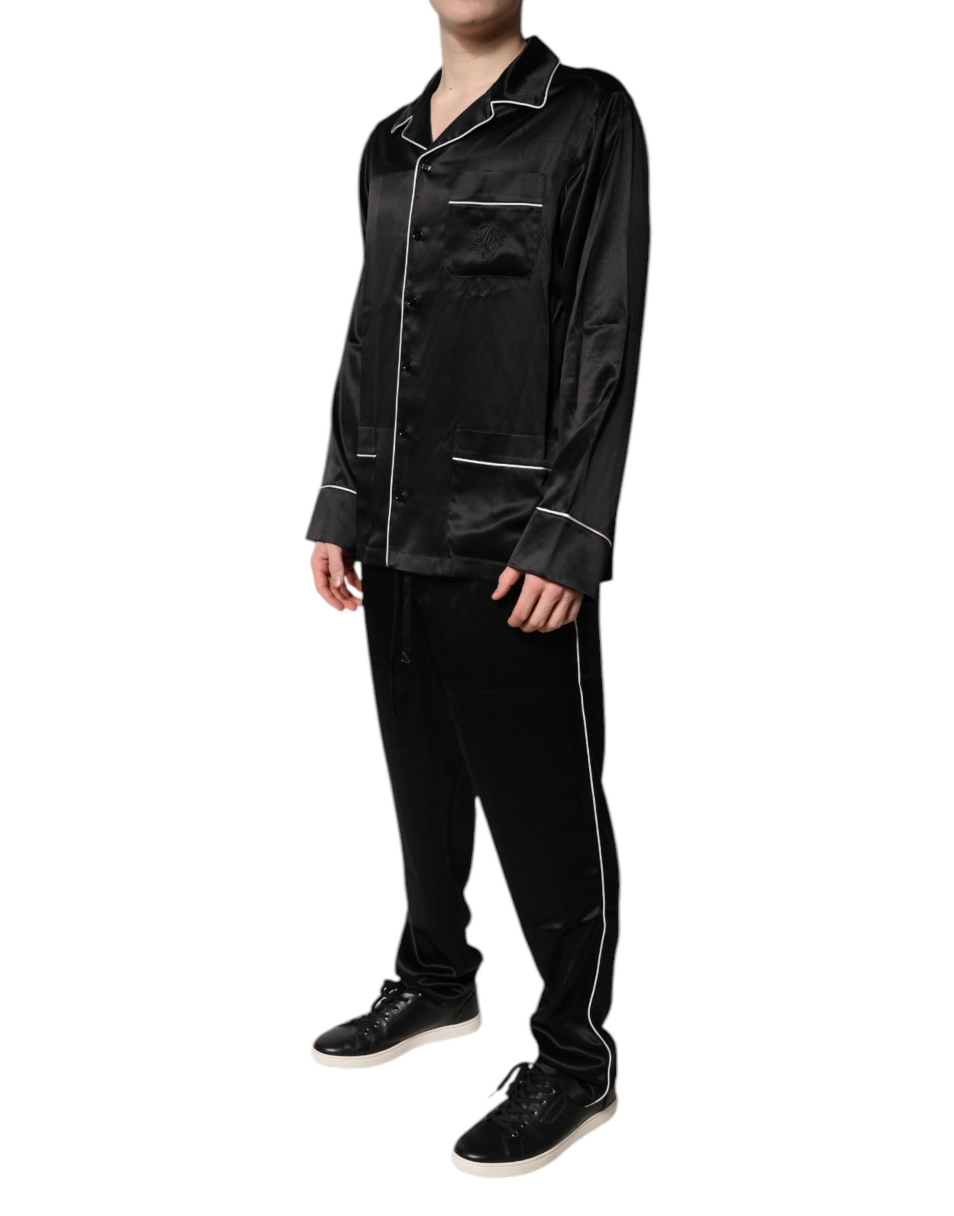 Black Silk Shirt Pants Pajama Set Sleepwear