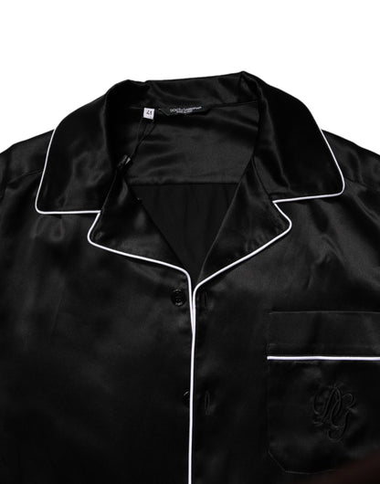 Black Silk Shirt Pants Pajama Set Sleepwear