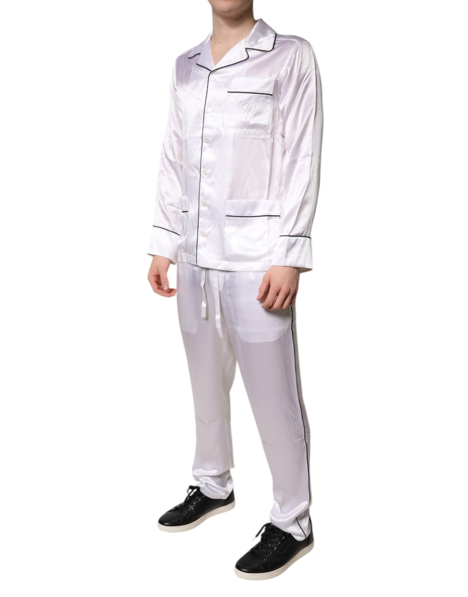 White Satin Silk Men Pajama Set Sleepwear