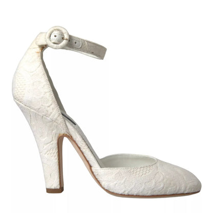 White Floral Jacquard Mary Janes Heels Pumps Shoes