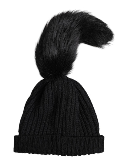 Black Acrylic Knitted Fur Winter Beanie Hat