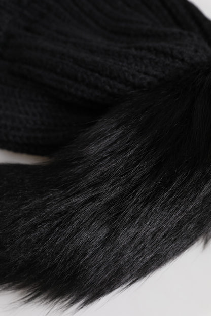 Black Acrylic Knitted Fur Winter Beanie Hat