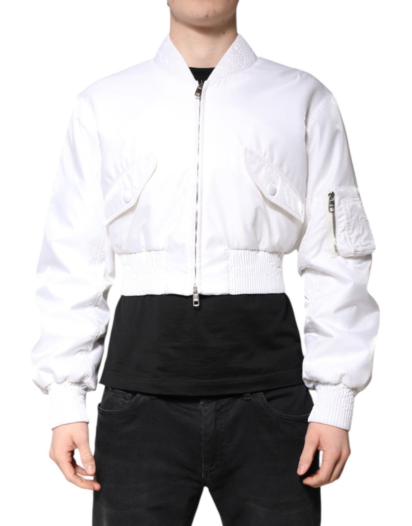 White Nylon Full Zip Cropped Bomber Jacket