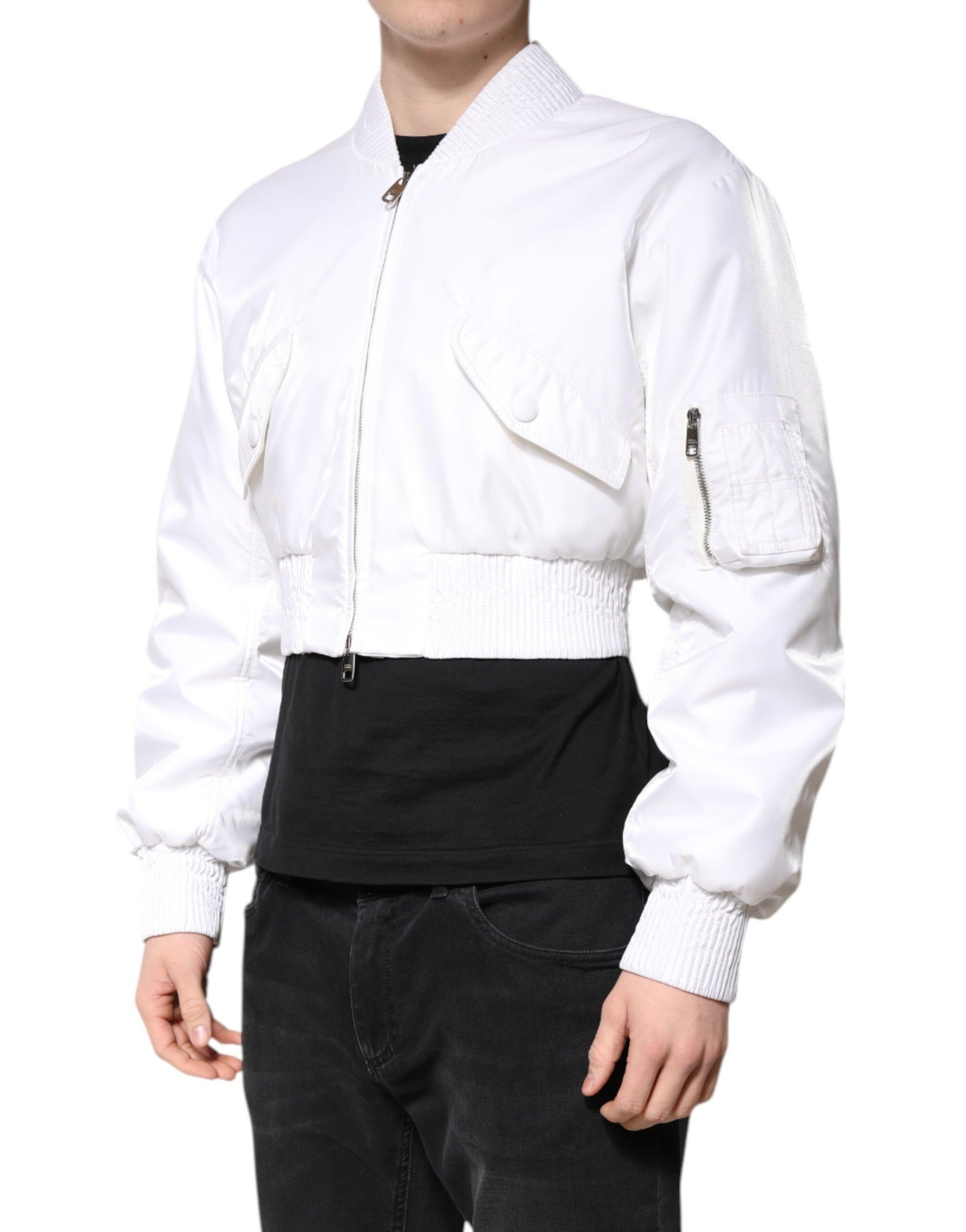 White Nylon Full Zip Cropped Bomber Jacket