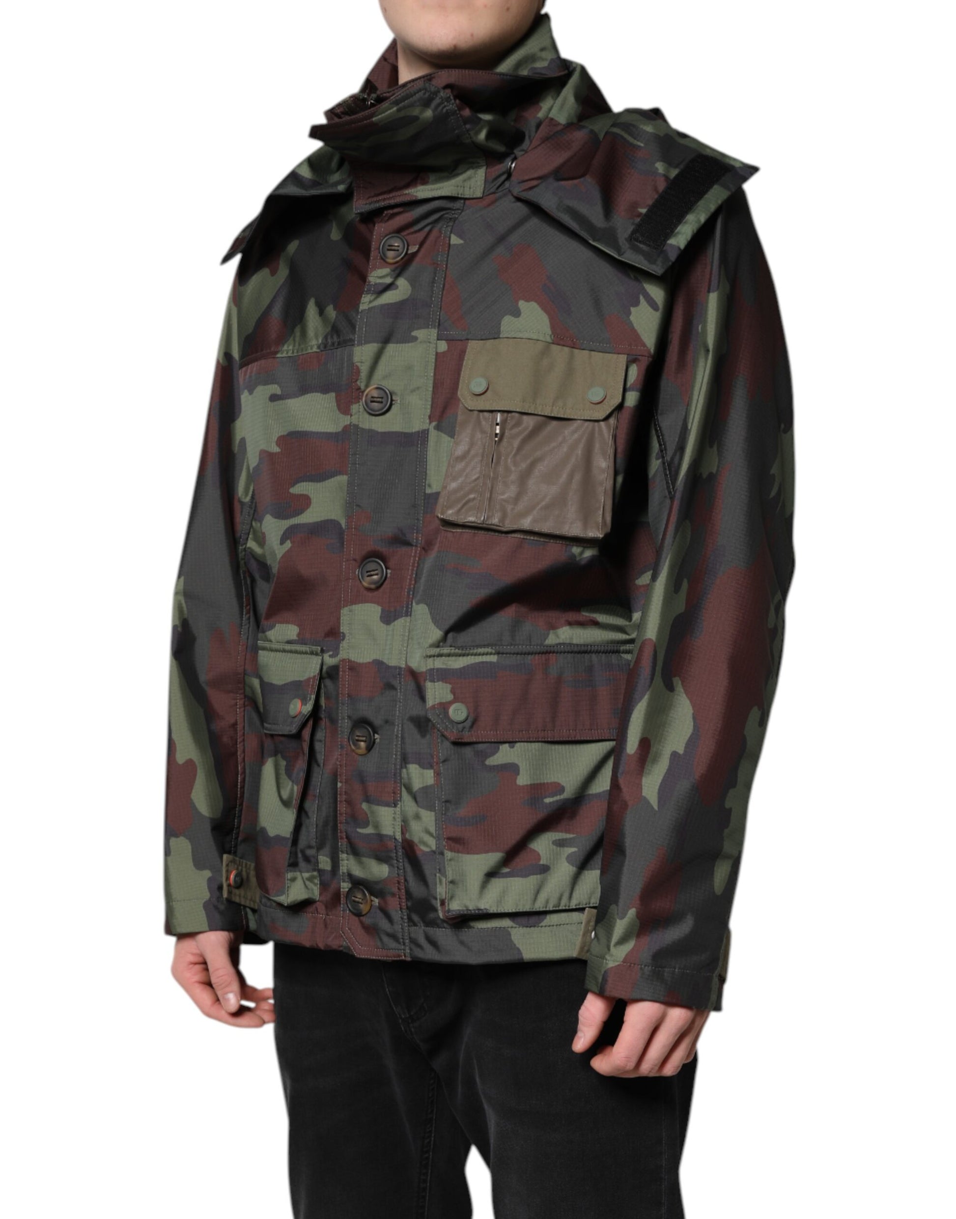 Multicolor Camouflage Button Hooded Jacket