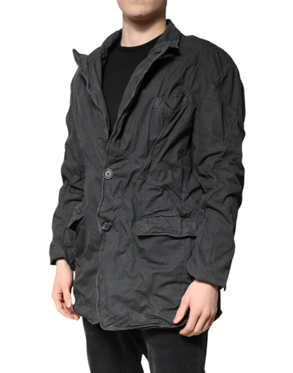 Black Solid Cotton Collared Coat Jacket