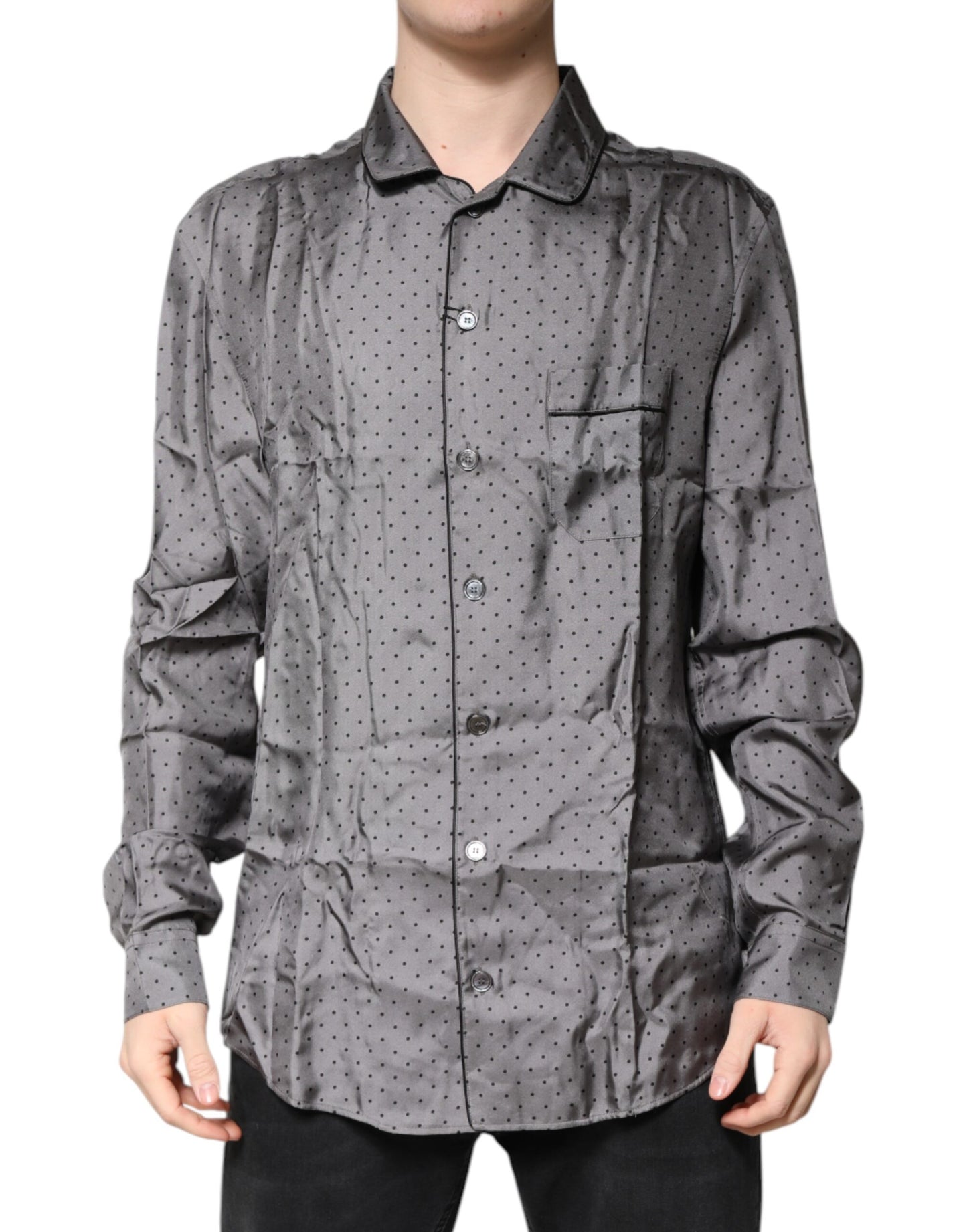 Gray Polka Dot Silk Long Sleeve Shirt