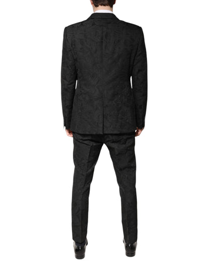 Black Polyester Floral Jacquard 2 Piece Suit