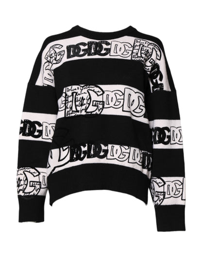 Black White Logo Print Wool Pullover Sweater