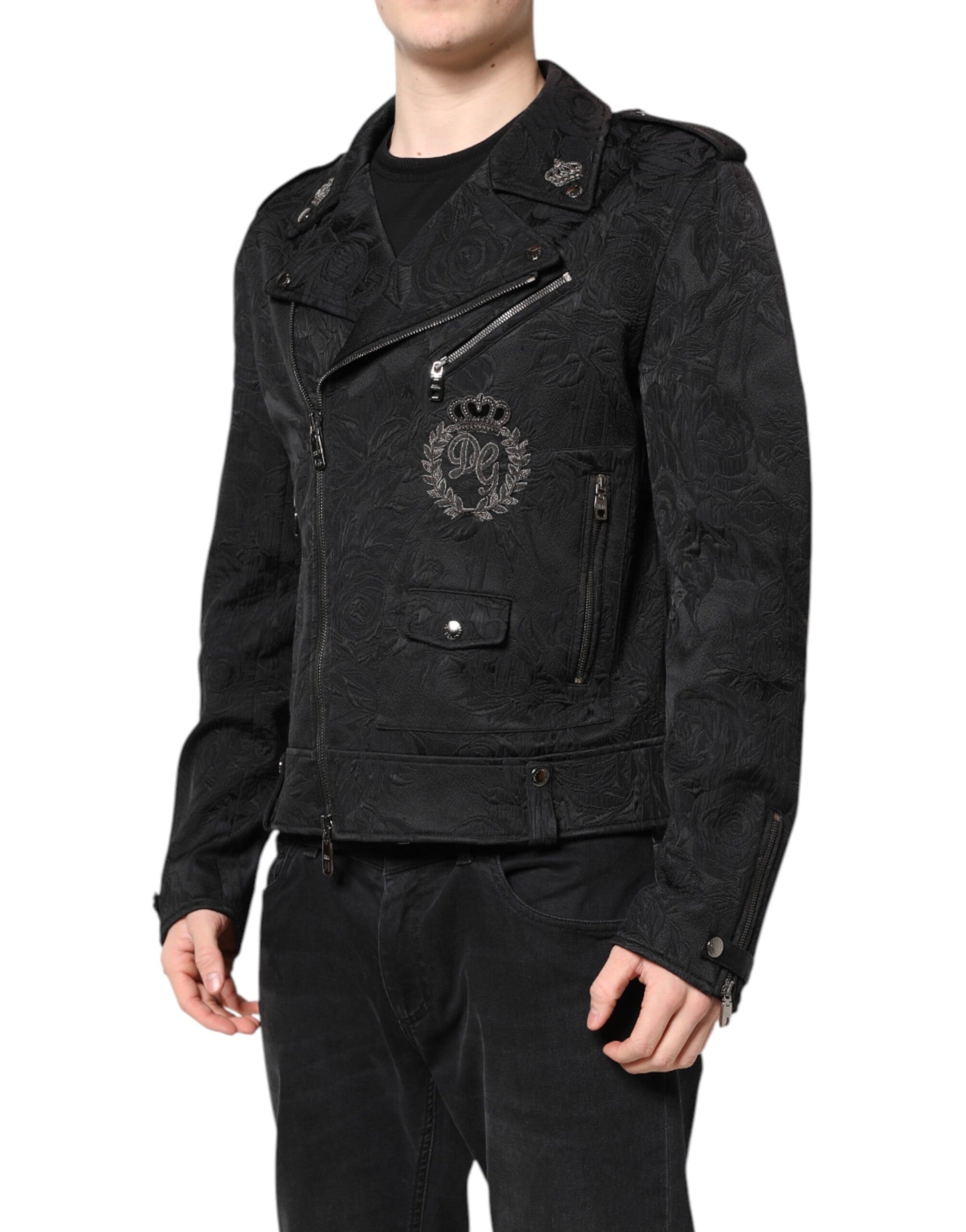 Black Brocade Cotton Full Zip Biker Jacket