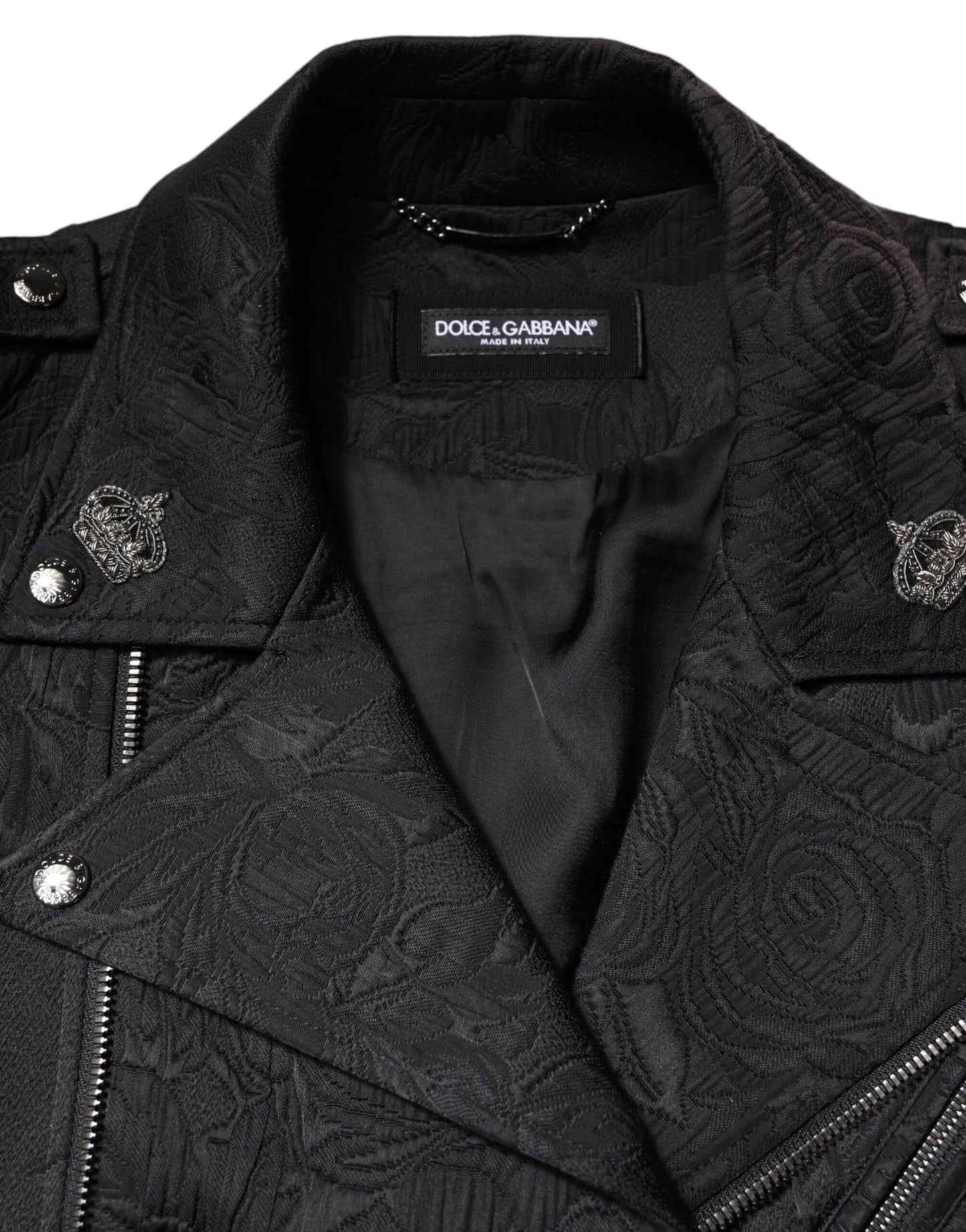 Black Brocade Cotton Full Zip Biker Jacket