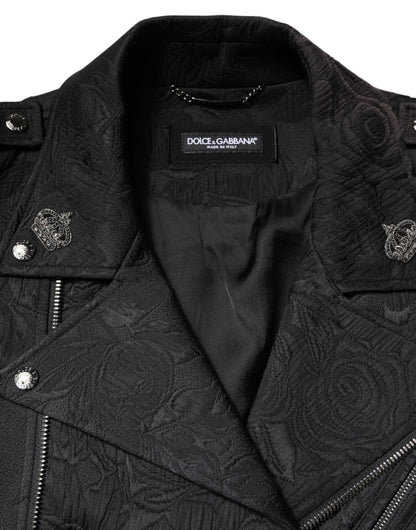 Black Brocade Cotton Full Zip Biker Jacket