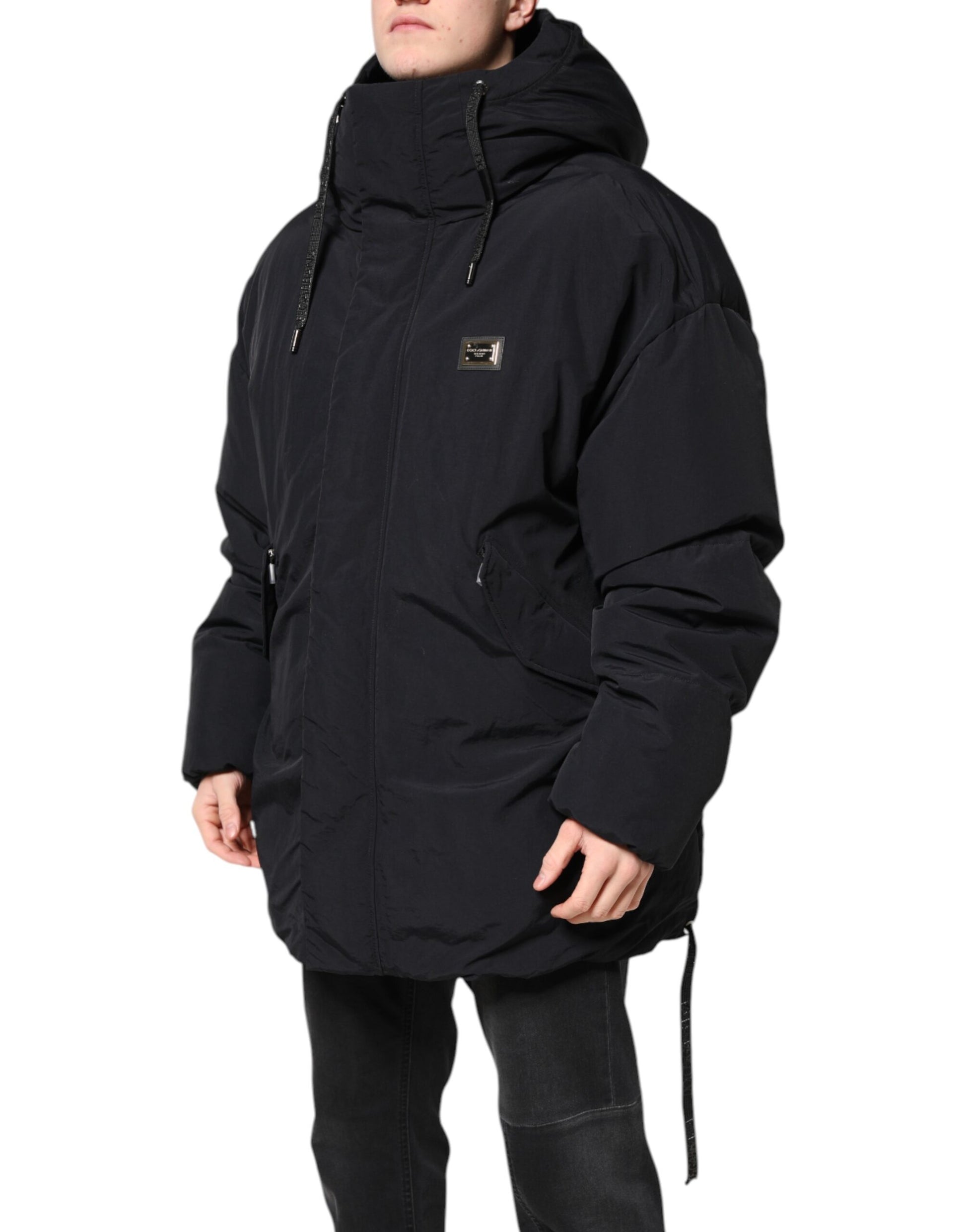 Black Nylon Full Zip Hooded Parka Jacket
