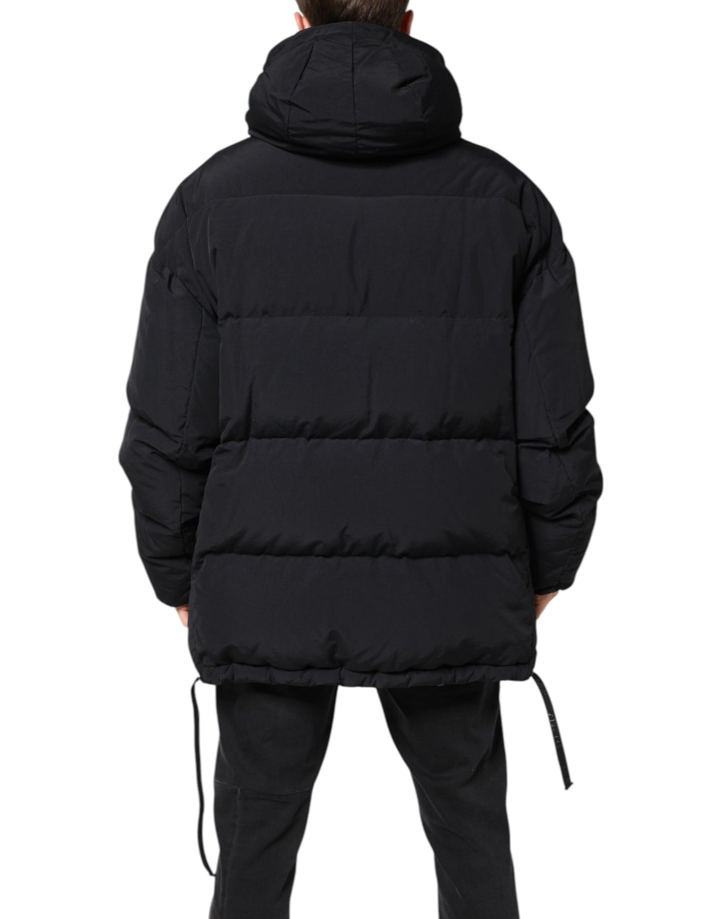 Black Nylon Full Zip Hooded Parka Jacket