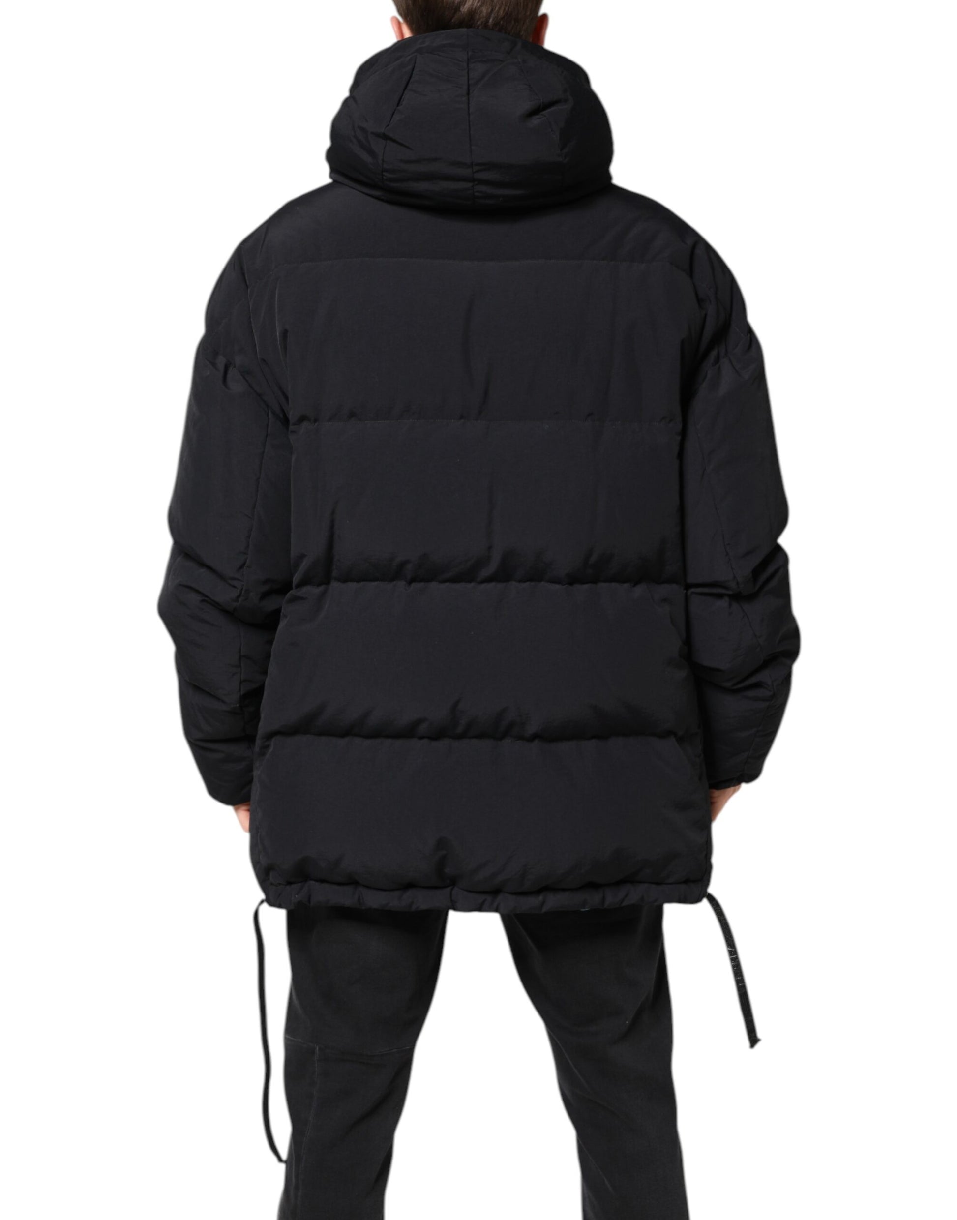Black Nylon Full Zip Hooded Parka Jacket