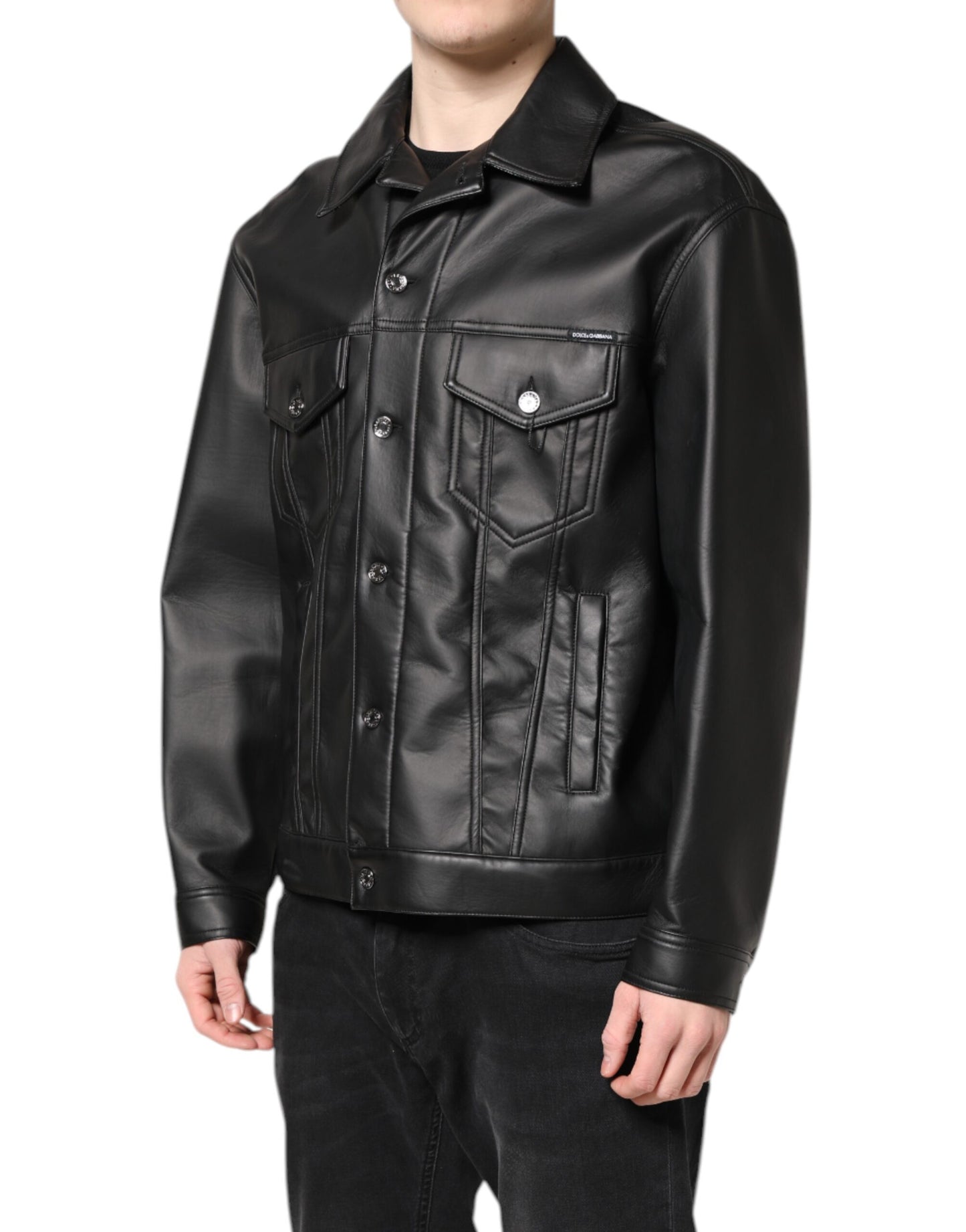 Black Polyester Button Down Biker Jacket