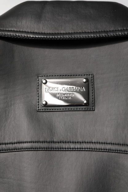 Black Polyester Button Down Biker Jacket