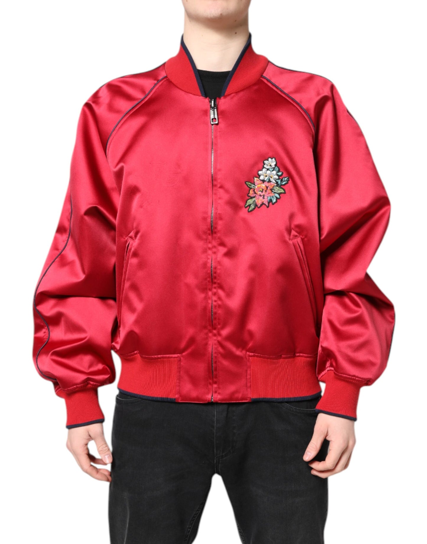 Red Floral Patch Full Zip Men Bomber Jacket