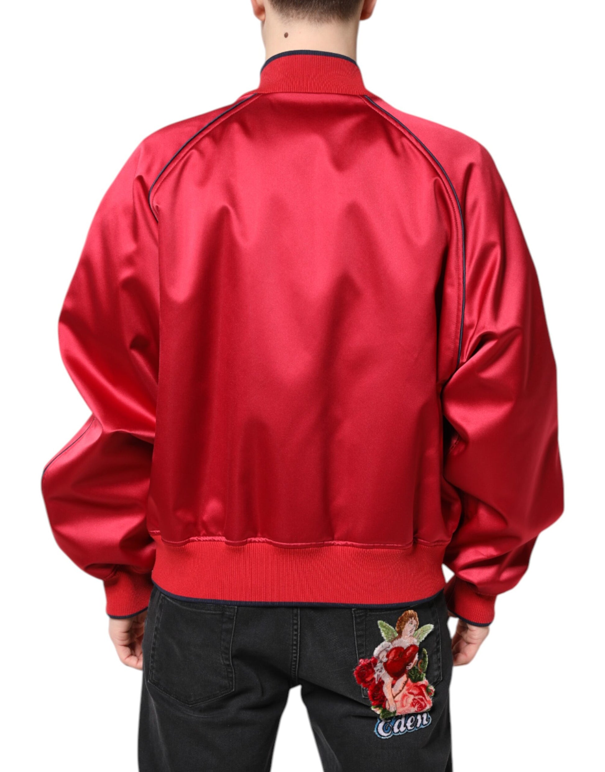 Red Floral Patch Full Zip Men Bomber Jacket