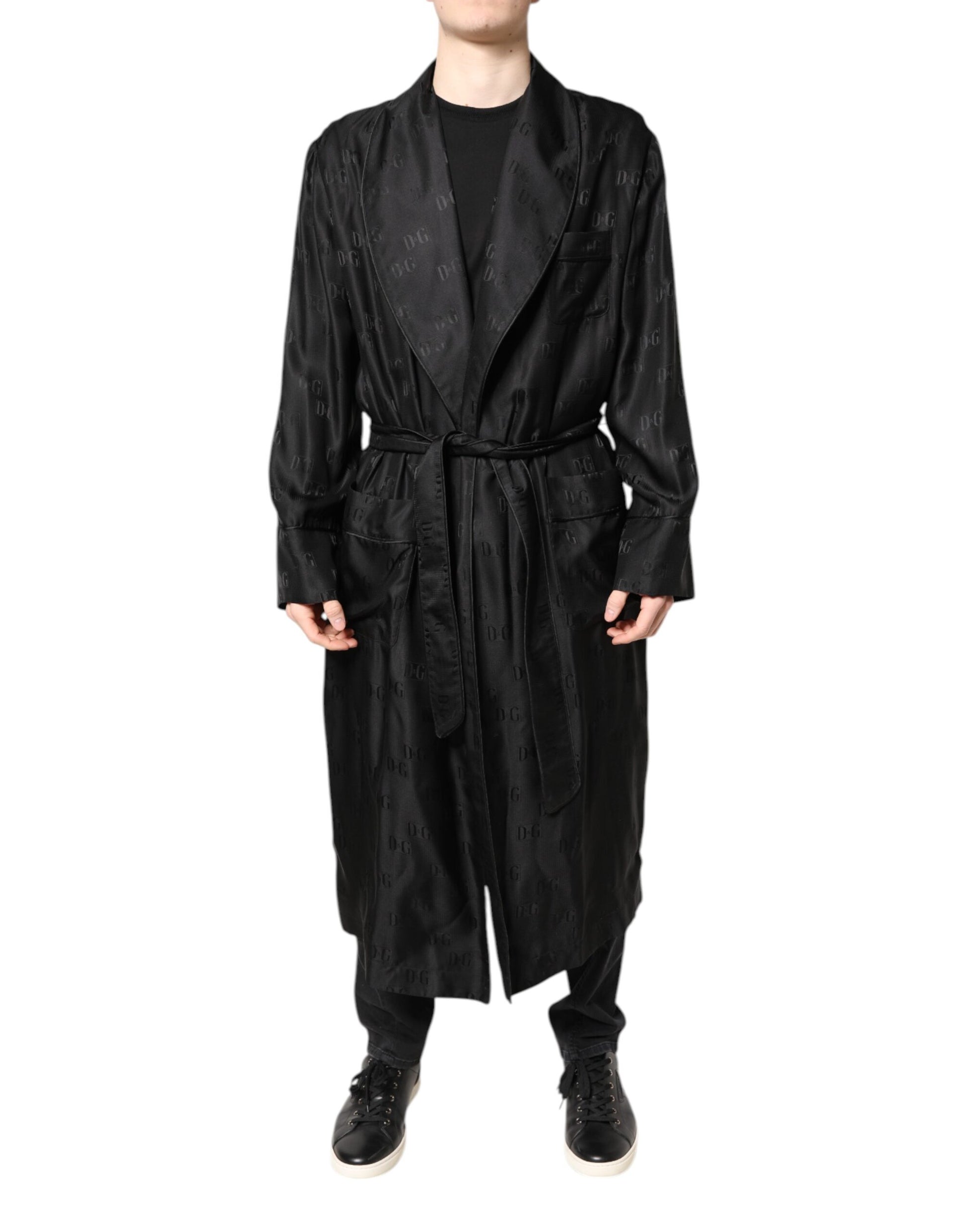 Black Silk DG Logo Men Wrap Robe Coat Jacket