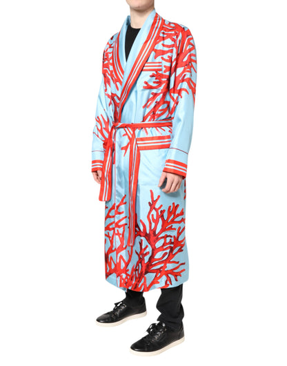 Blue Red Coral Print Wrap Robe Coat Jacket