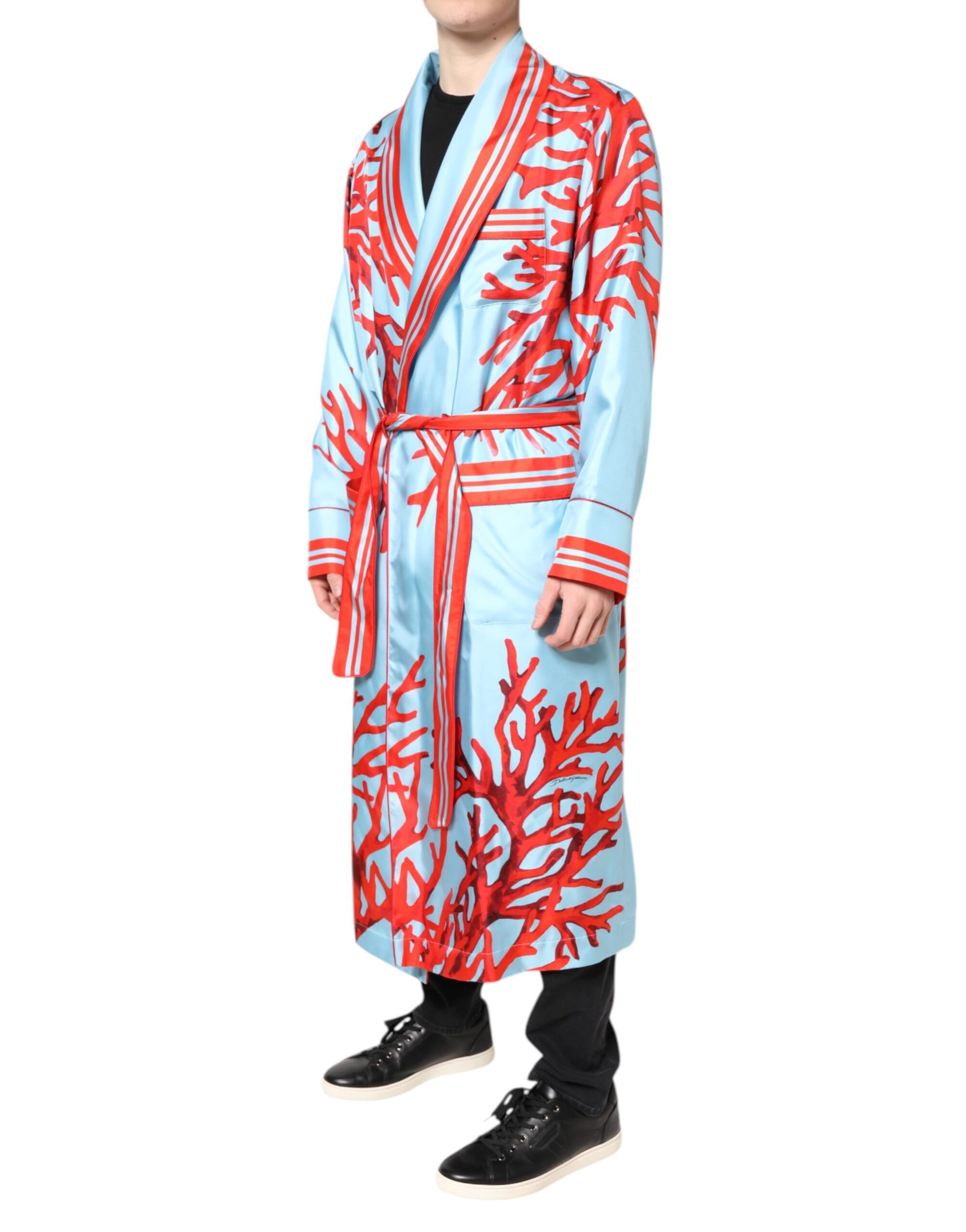 Blue Red Coral Print Wrap Robe Coat Jacket