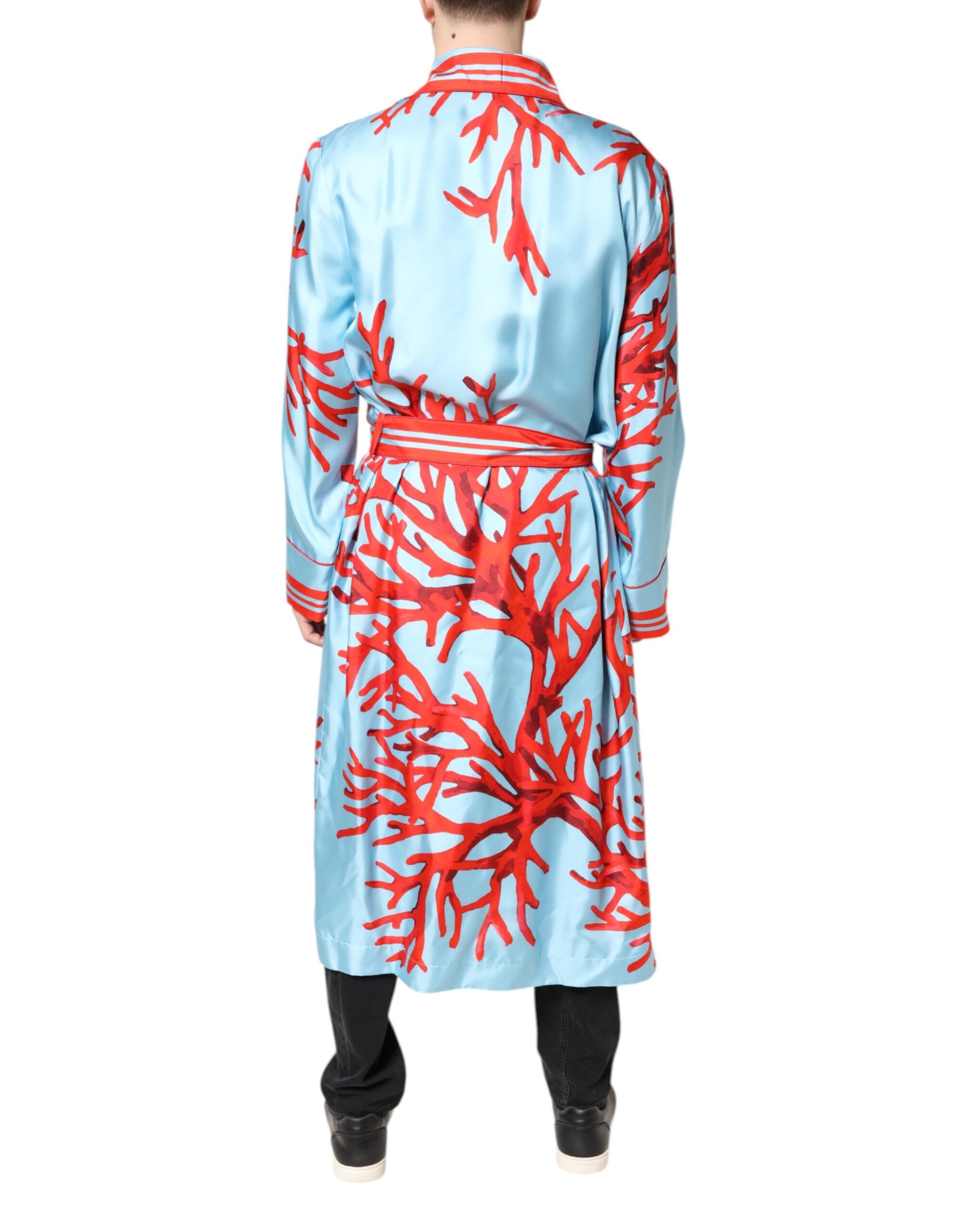 Blue Red Coral Print Wrap Robe Coat Jacket