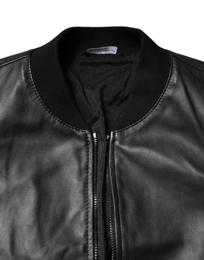 Black Lambskin Leather Full Zip Biker Jacket