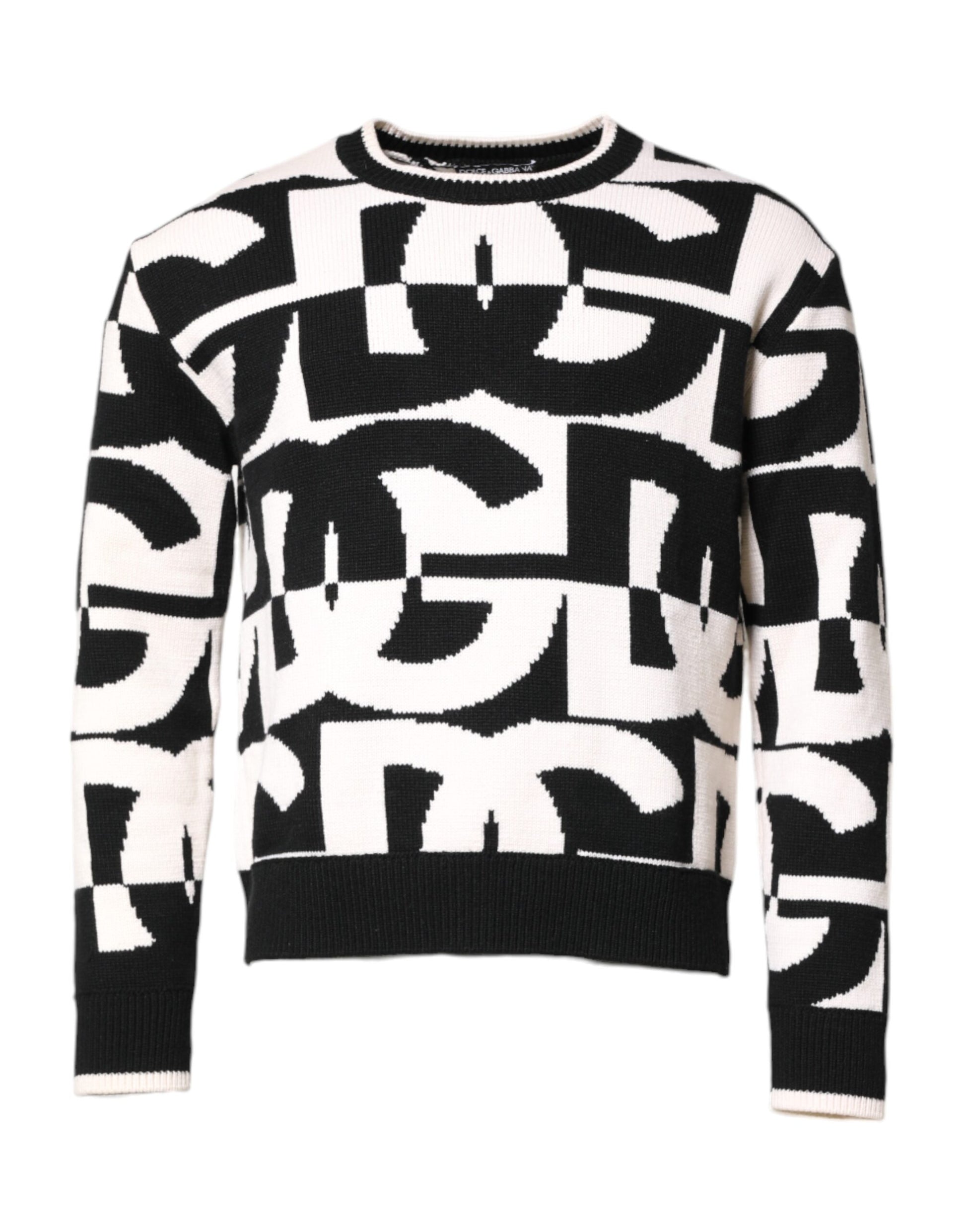 Black White Knit Logo Print Pullover Sweater