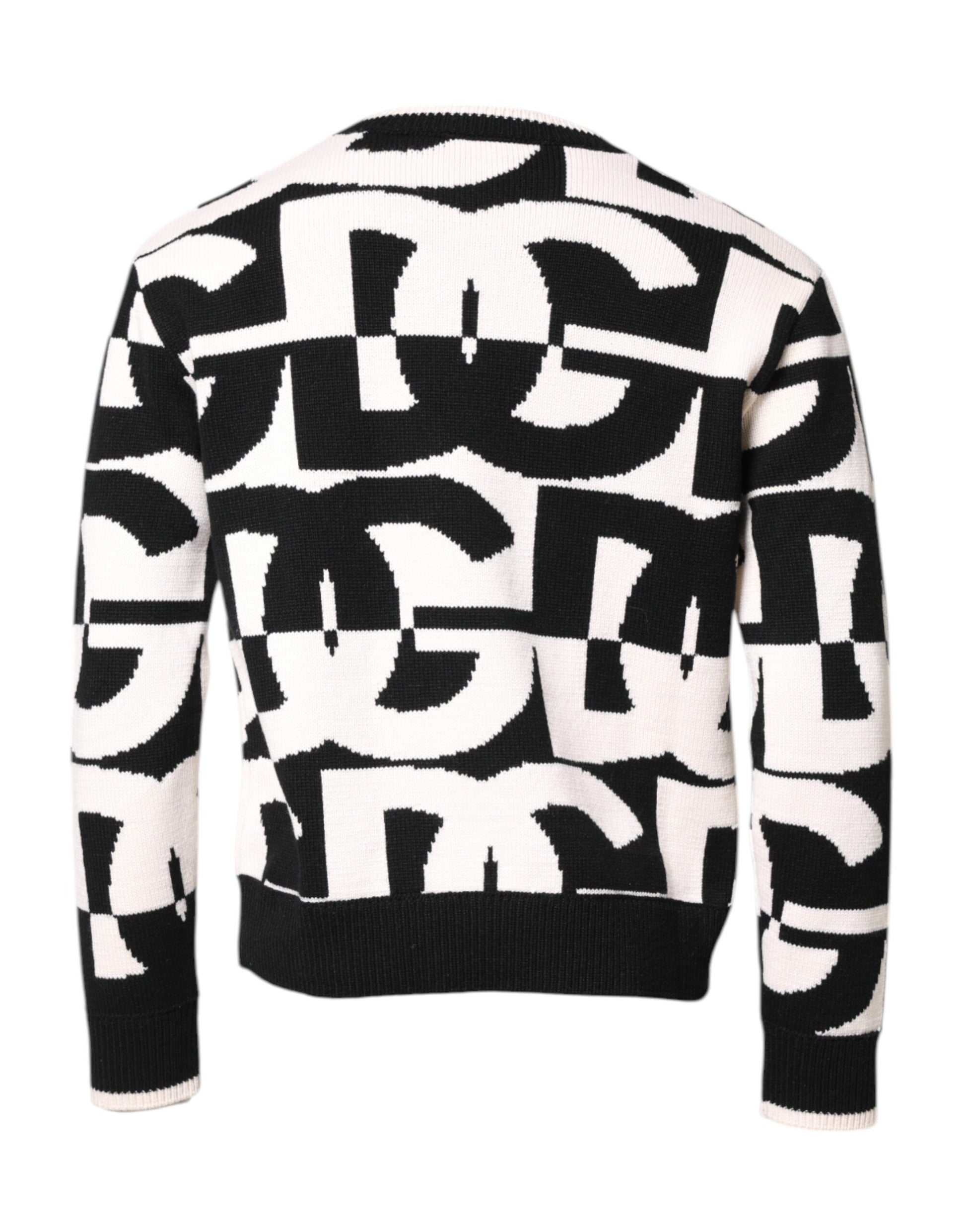 Black White Knit Logo Print Pullover Sweater