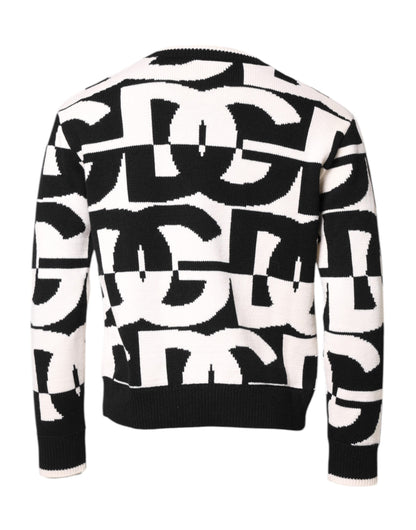 Black White Knit Logo Print Pullover Sweater