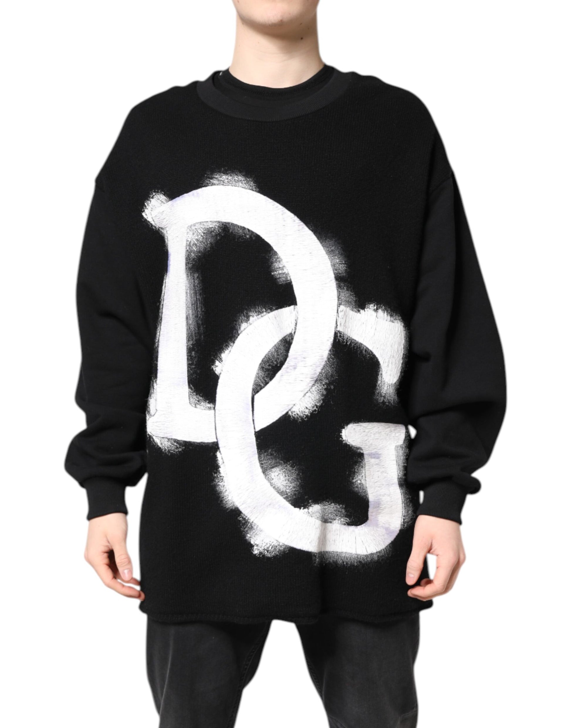 Black Cotton Logo Print Men Pullover Sweater